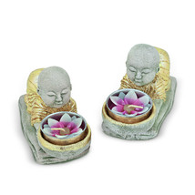 Meditating Pair of Kneeling Monks with Gold Accents Cement Candle Holders - £28.01 GBP