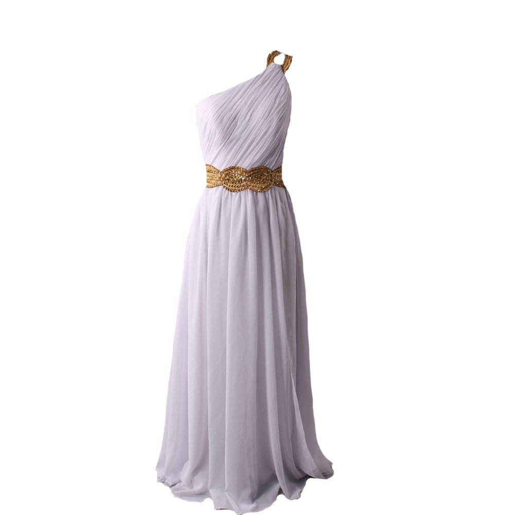 Kivary Women's One Shoulder White Chiffon with Gold Beaded Long Prom Evening Dre