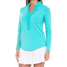 NWT GOTTEX G LIFESTYLE Turquoise Double Ruffle Long Sleeve Golf Shirt S M L XL image 2