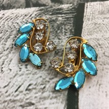 Vintage Costume Jewelry Clip-On Earrings Blue Clear Gems Jewels Beautiful Prop - £39.10 GBP