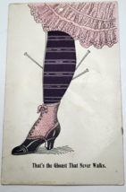 RARE 1910s Postcard RISQUE LADIES STOCKING PINCUSHION Black Fabric Swatc... - $15.75