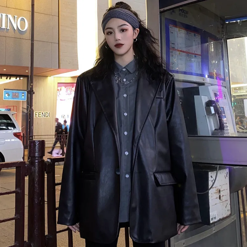 Korean Black Leather Moto Jacket Vintage Warm Female Loose Leather Suit Blazers  - £148.09 GBP