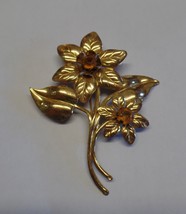 Unbranded Vintage Goldtone Flower Brooch 4&quot; Tall X 3&quot; Wide Stamped Sterling - £31.58 GBP