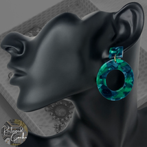 Womens Blue Green Tortoise Shell Design Oval Hoop Post Back Dangling Earrings - £11.96 GBP