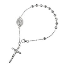 Silver Beaded Jesus Christ Cross Crucifix Mother Mary Medallion Rosary Bracelet - £23.56 GBP