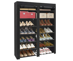 Portable Shoe Rack Storage Organizer Closet Double Row Fabric Black 28-Pairs - £40.93 GBP