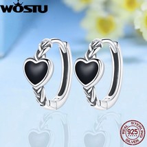 WOSTU Genuine 925 Silver Cool Enamel Black Love Heart Hoop Earrings for Women Gi - £17.73 GBP