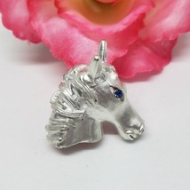 Vintage Small Silver Tone Horse Head Brooch Pin Blue Rhinestone Eye - £14.39 GBP