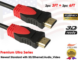 2 Pack 3FT + 2Pack 6FT 1.4v Gold Plated High Speed HDMI Cable Black - £21.57 GBP