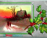Un Merry Christmas Laminate Agrifoglio Cabina Scene Goffrato DB Cartolin... - $7.12
