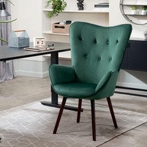 Wingback Tufted Armchair With Velvet Fabric Upholstery And Solid Wood Legs, - £177.68 GBP