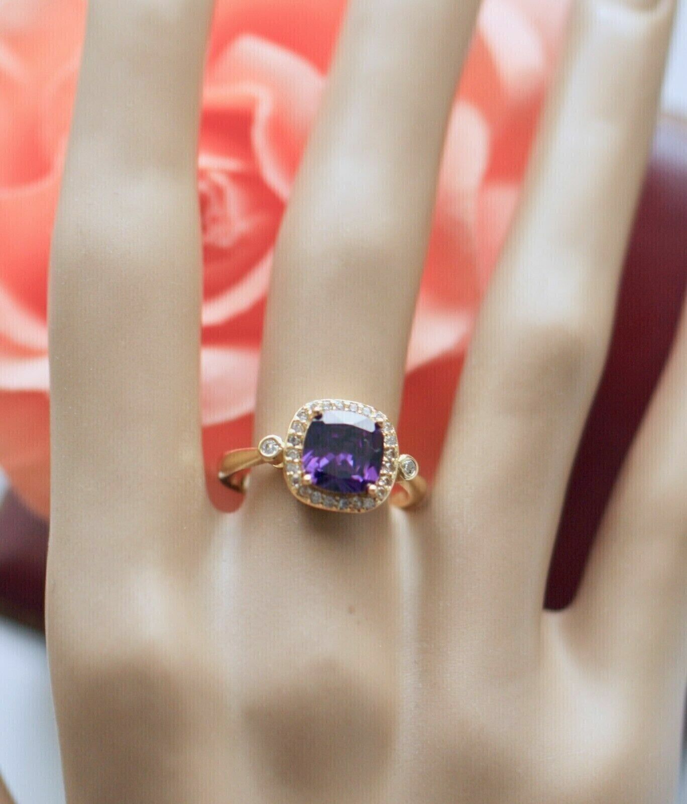 2.50Ct Cushion Cut Lab-Created Amethyst Halo Gift Ring 14k Yellow Gold Plated Item image 4