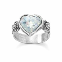 Oxidized Sterling Silver Roman Glass Soft Heart Vintage Ring 14k White Gold Over - £167.03 GBP