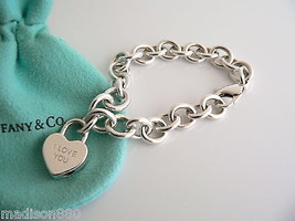 Tiffany &amp; Co Silver I LOVE YOU Heart Padlock Bracelet Bangle Charm Gift Pouch - £431.07 GBP