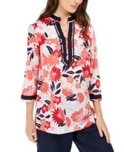 MSRP $80 Charter Club Contrast-Trim Printed Linen-Blend Top Red Size Small - $17.96