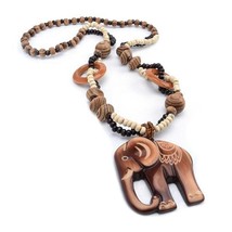 Boho Jewelry Ethnic Style Long Hand Made Bead Wood Elephant Pendant Neck... - $30.99