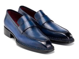 Paul Parkman Mens Shoes Blue Loafers Norwegian Welted Leather Handmade 8... - $779.99