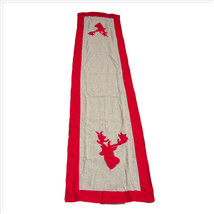 Melrose Red Reindeer Heads on Grey Herringbone Table Runner Red Trim 15x70 in - £19.77 GBP