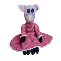 Vintage 24&quot; Pink Pig Doll Handmade Stuffed Toy Knit Crochet Doll Dress L... - $20.55