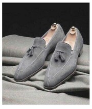 Elegantly Designed Handmade Men Gray Suede Dress Formal Moccasins Shoes - £108.56 GBP