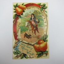 Postcard With Every Good Wish Girl On Pony Horse Terrier Dog Pears Antique 1910 - £7.81 GBP