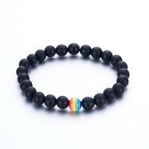 1Pc Women Men Rainbow Flag Ball Natural Stone Black Onyx Beads Bracelet June Pri - £8.60 GBP