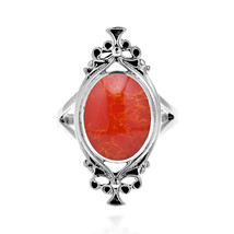 Bohemian Vintage Red Coral Oval Statement .925 Silver Ring-9 - £17.83 GBP
