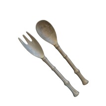 Metal Salad Serving Set Fork and Spoon Bamboo Design Handle 12&quot; - £13.66 GBP
