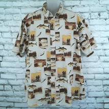 Woolrich Shirt Men XL Beige Button Up Outdoor Clothing Fish Print Short ... - £15.71 GBP