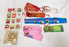 Large Lot Vintage Christmas Gift 37 Tag &amp; 35 Seals Pink Santa w Tree Red... - $18.32
