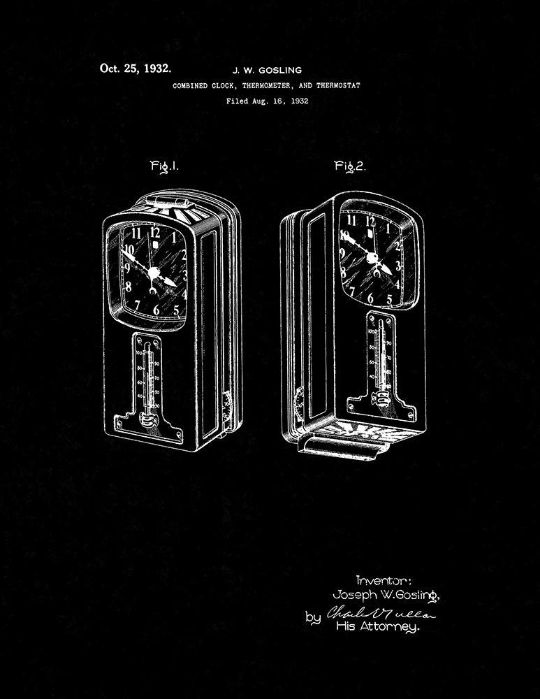Combined Clock Thermometer Thermostat Patent Print - Black Matte