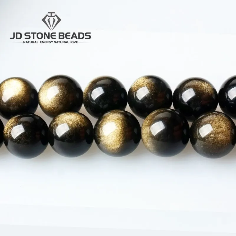 Natural Stone Gold Black Obsidian Beads Shinny Charm Round Loose Gemstone Beads - £8.70 GBP+