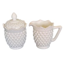 Fenton Creamer and Lidded Sugar Bowl Vintage Hobnail Sawtooth 3.75&quot; and 6&quot; w Lid - £29.43 GBP