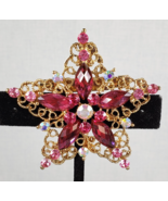 Vintage Filigree Star Pink AB Crystal Rhinestone 2 1/2 inch Gold Tone Brooch - $38.47