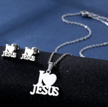 &quot;I (Heart) Love Jesus&quot; Necklace &amp; Earring Set Stainless Steel Catholic J... - $14.99