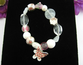 MOP Flower Butterfly CHARM Bead BRACELET Plastic Glass Pink Rose Elastic... - £10.15 GBP