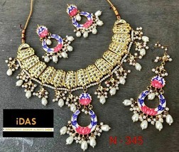 Indian Meena Kundan Earrings Tikka Gold Plated Choker Necklace Jewelry Set - £38.69 GBP