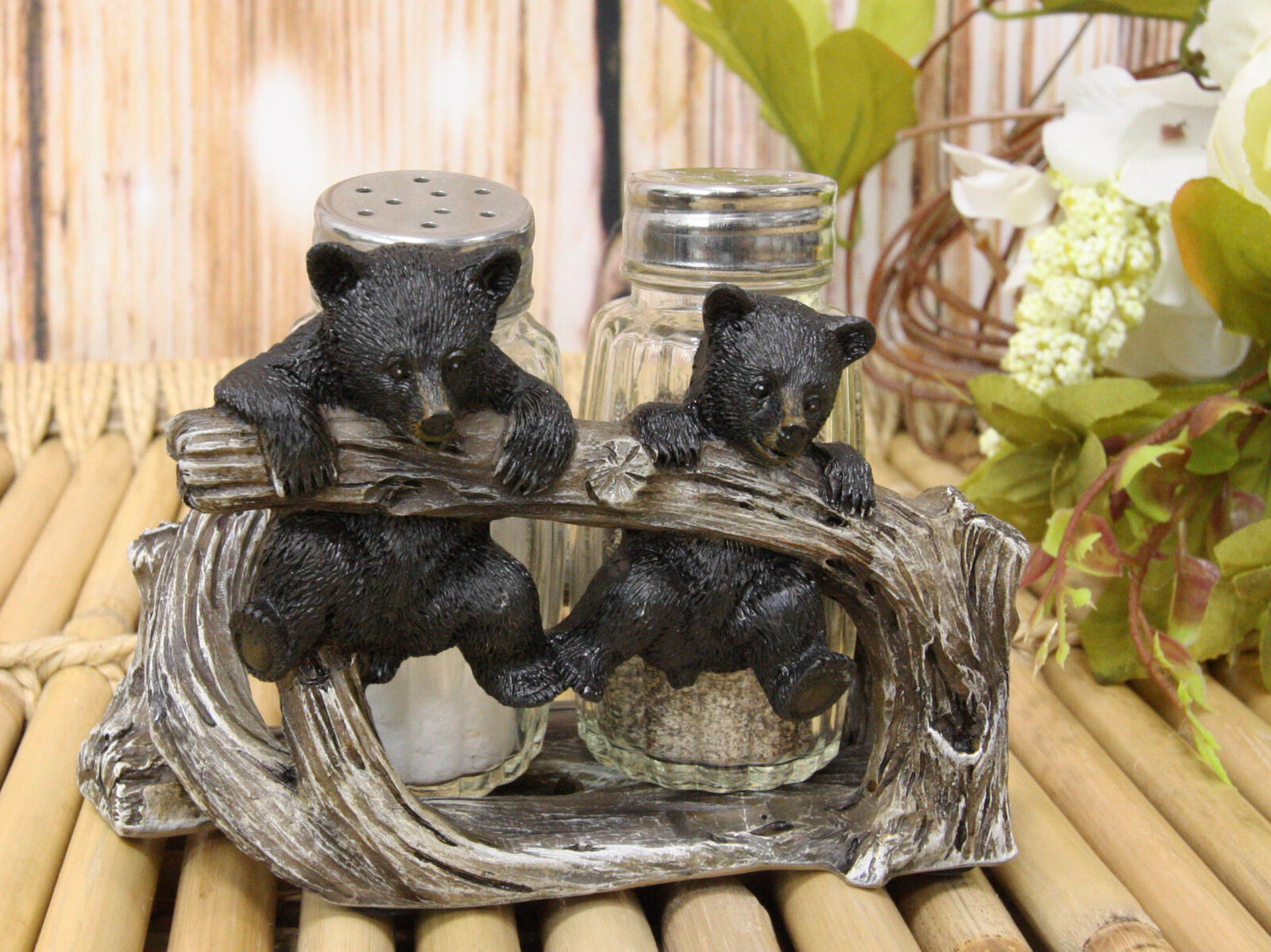 Ebros Rustic 2 Black Bear Cubs On Branch Salt &amp; Pepper Shaker Holder Dec... - $26.99