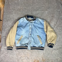 Vintage Sonoma Mens Jacket Large Blue Brown Denim Jean Bomber Varsity Preppy - $34.98