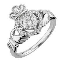 Weiß Vergoldet Rund Simulierte Diamanten Bündel Herz Claddagh Versprechen Ring - £152.50 GBP