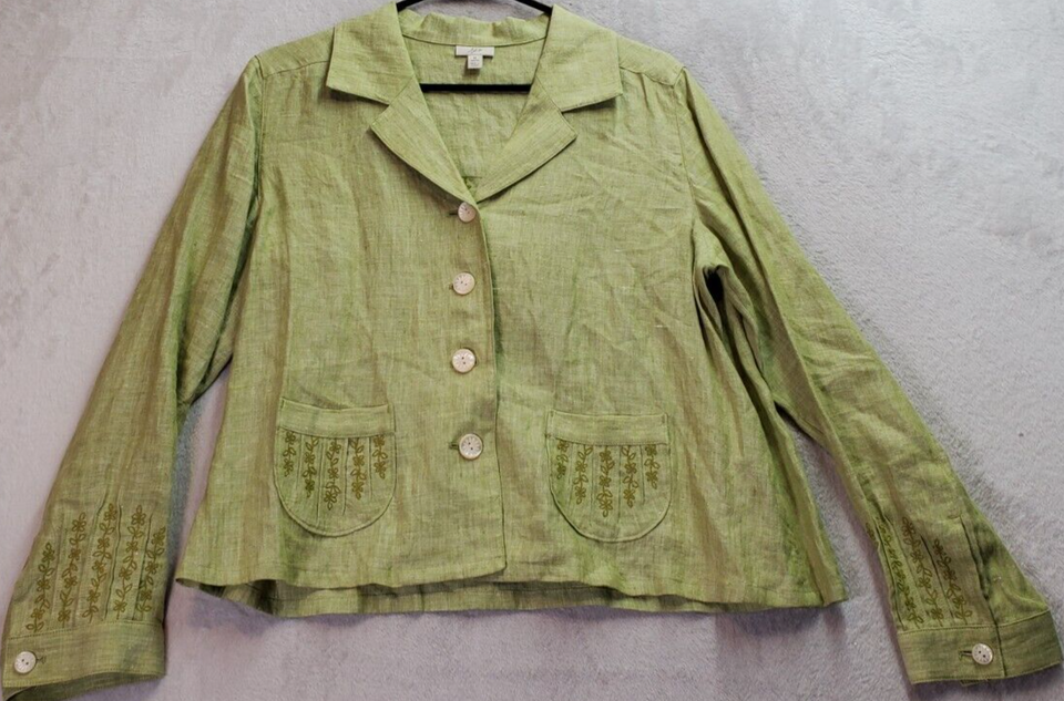Primary image for J. Jill Blazer Womens Petite Medium Green Linen Embroidered Floral Button Front