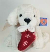 Jimmy Cute White Puppy Holding Stocking in Mouth for Gift Plush Dog Stuffed - £12.62 GBP