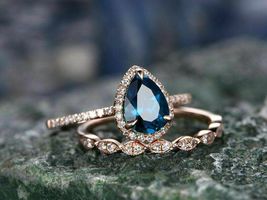 2Ct Pear Cut London Blue Topaz Halo Diamond Bridal Ring Set 14k Rose Gold Over - £70.69 GBP