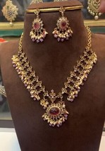 Indian Bollywood Style Gold Plated Chain CZ Necklace Ruby Bridal Jewelry Set - £66.99 GBP