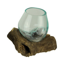 Zeckos Molten Glass On Teak Driftwood Decorative Bowl Vase Terrarium Planter - £30.96 GBP