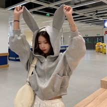 QWEEK Kawaii Hooded Sweatshirts Korean Style Pullover Y2k Oversize Full Zip Crop - £75.99 GBP
