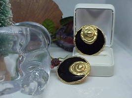 Les Bernard Etruscan Revival Black Enamel Gold Disc Earrings Haute Couture Clip  - £35.60 GBP