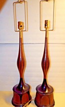 2 MCM Teak Wood And Metal Very 39&#39;&#39; Tall Danish Table Lamps Rectangle Harp - £350.44 GBP