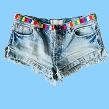 FREE PEOPLE LADIES BLUE DENIM DISTRESSED SHORT SHORTS EMBROIDERED WAIST ... - £21.90 GBP