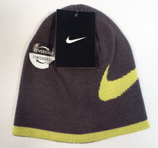 Nike Swoosh Reversible Gray &amp; Yellow Knit Beanie Skull Cap Youth Boy&#39;s 4... - £15.98 GBP